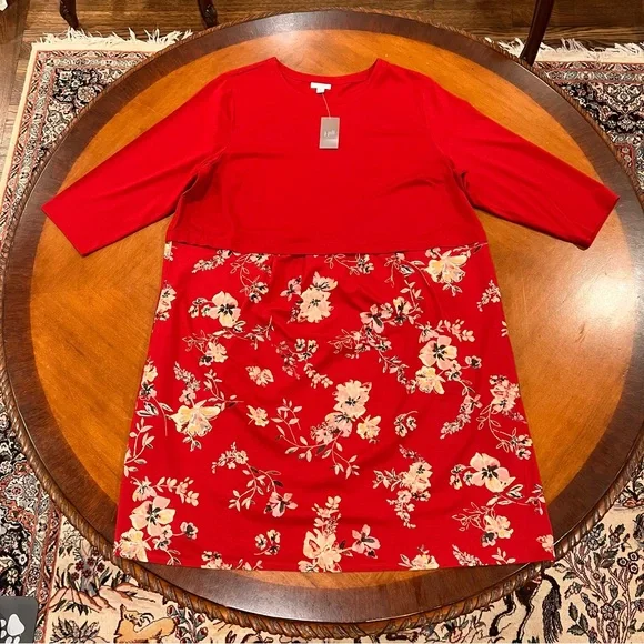NEW $109 J.Jill Sepia Blossoms Knee-Length A-Line Dress Red Floral 2X 3/4 Sleeve - Picture 3 of 16